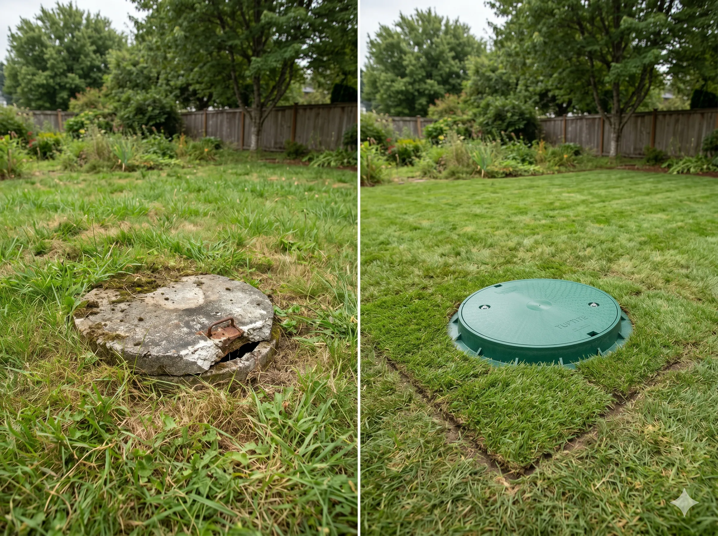 Before and after of a septic riser replacement — a cracked, weathered concrete lid on the left, and a new green plastic riser flush with restored sod on the right