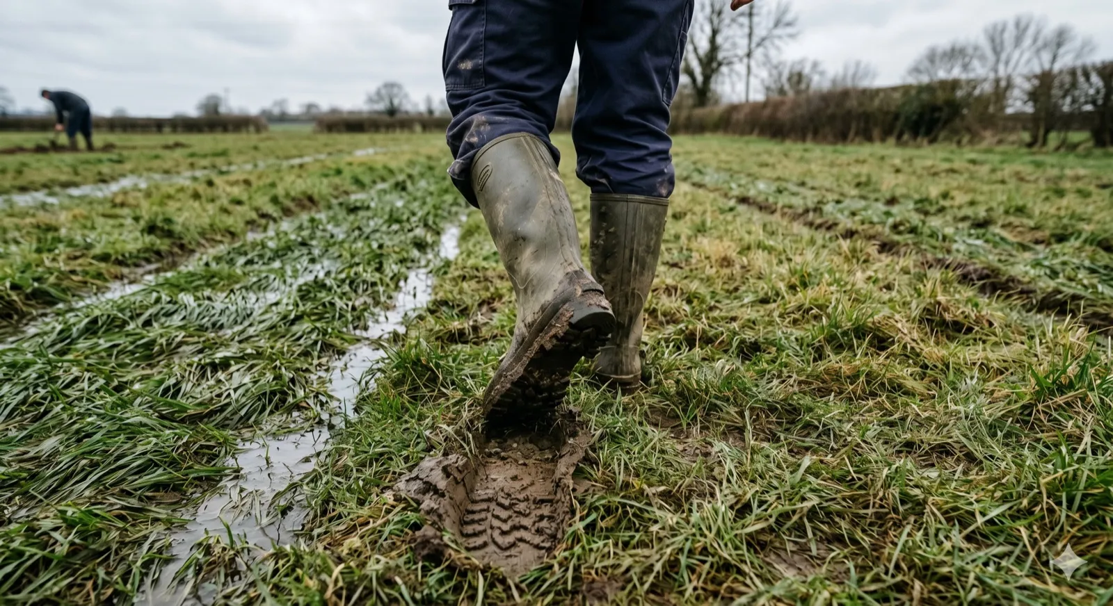 Close-up of muddy rubber boots walking through a wet rural field after rain, with standing water in shallow furrows on either side and a deep boot-print in the foreground mud — the 15-minute homeowner diagnostic walk this section describes