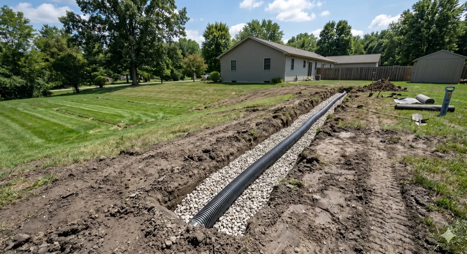 A freshly-installed curtain drain in a rural Hancock County backyard — a gravel-filled trench with black perforated drain pipe running across the lawn, set upslope of the septic drainfield to intercept groundwater before it reaches the laterals