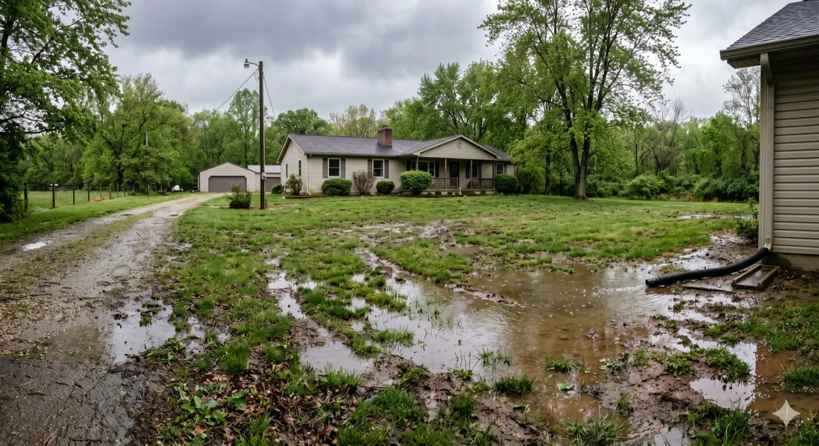 A rural Hancock County ranch home under grey storm clouds with the front yard and gravel driveway visibly soaked — large standing-water puddles and muddy patches across the lawn, characteristic of Indiana glacial-till clay after heavy rain