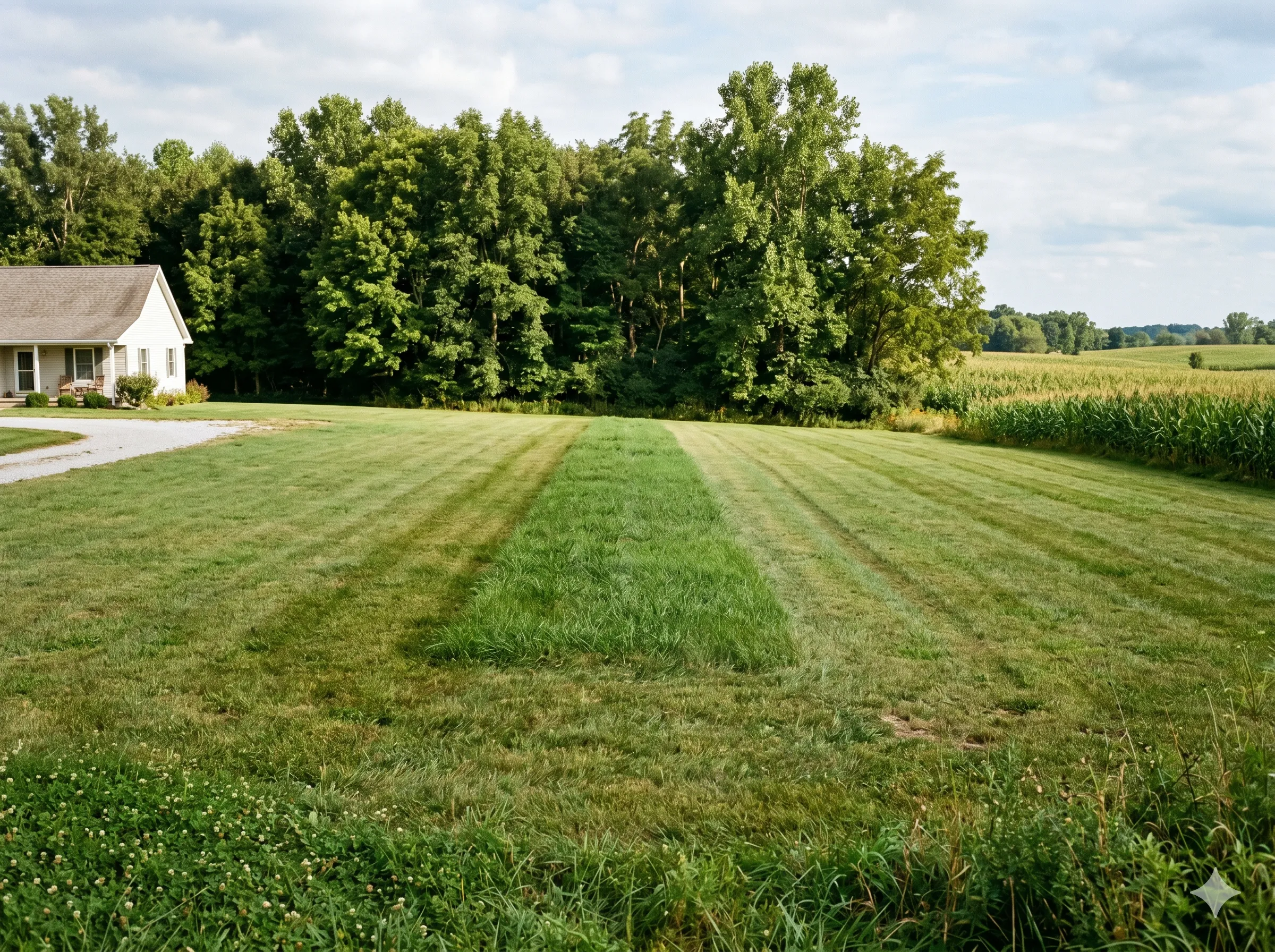 A residential backyard in rural Indiana, with a subtle strip of slightly greener grass marking the line of the septic drain field
