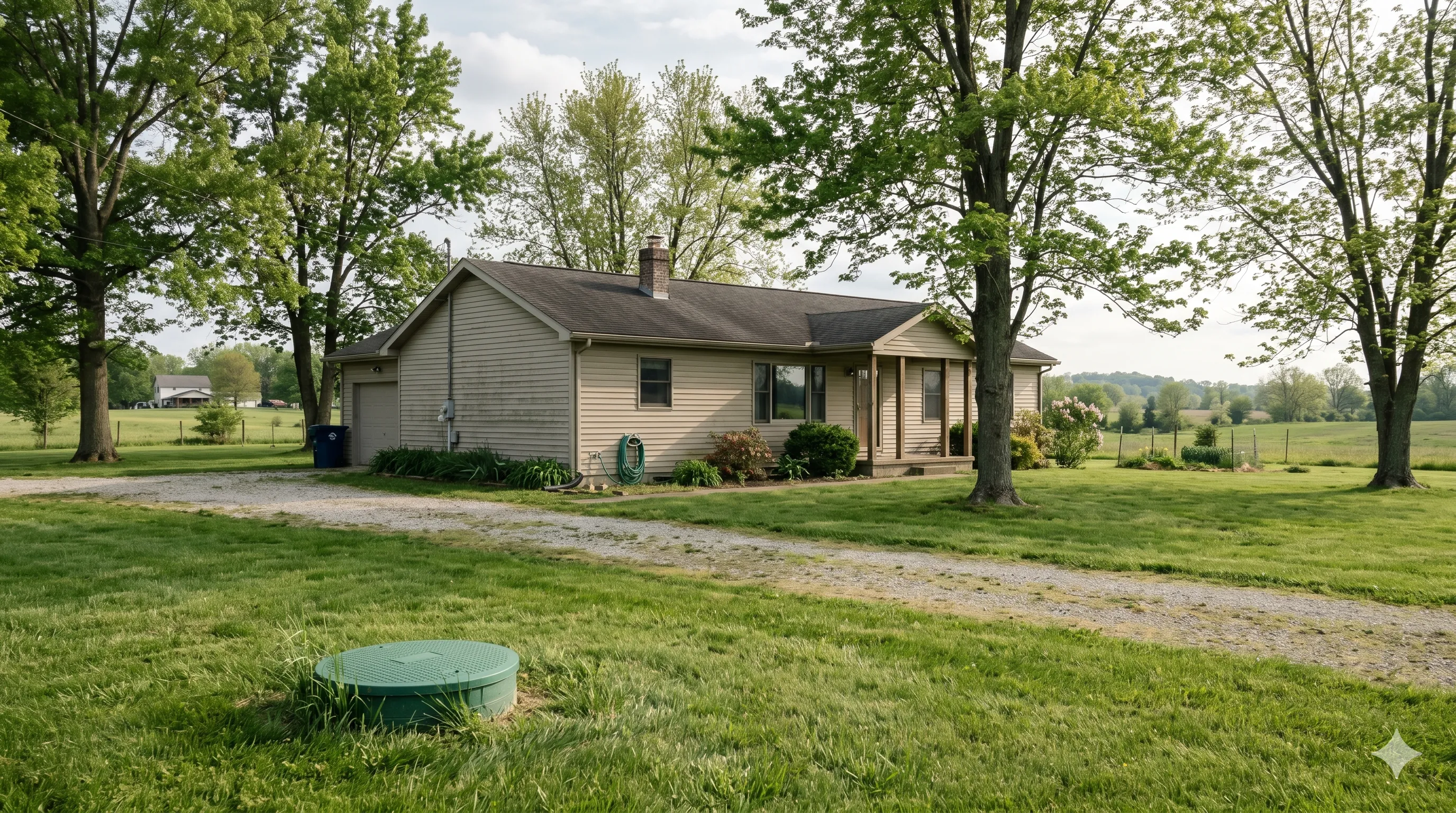 A rural Hancock County, Indiana ranch home with a green septic riser lid in the front lawn