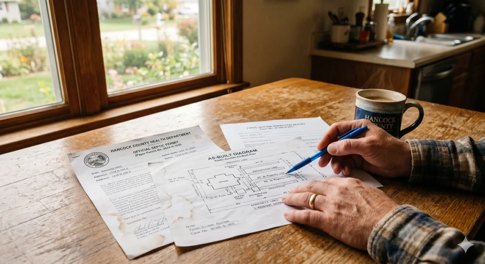 A homeowner reviewing official Hancock County Health Department septic-permit paperwork and an as-built diagram on a kitchen table, a Hancock County mug nearby, autumn light coming through the window