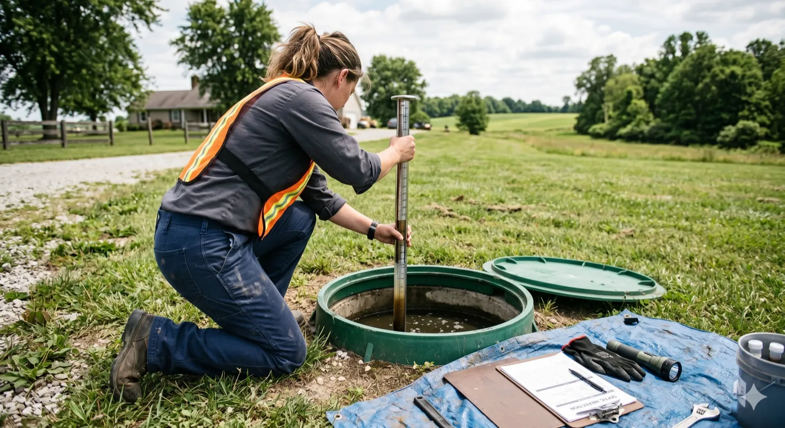 A licensed inspector in a high-visibility vest kneeling beside an open green septic tank lid, lowering a stainless-steel sludge judge into the tank to measure sludge depth, with a clipboard and tools laid out on a tarp