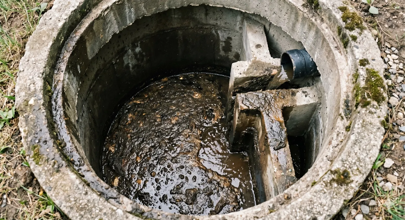 View looking down into an open concrete septic tank showing the dividing wall, the outlet baffle, the scum-layer surface, and the dark effluent below — the interior view an inspector documents during a complete inspection