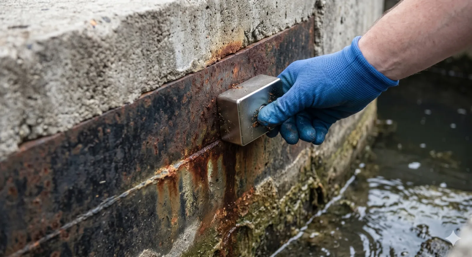 A close-up of a gloved hand pressing a magnet against the rusted, corroded waterline of an old septic tank — the classic visual signature of a steel tank failing from the inside out, and the field test the magnet diagnostic from the buyer's checklist confirms