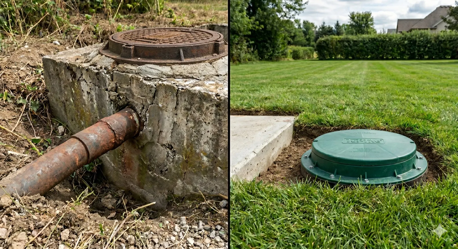 A side-by-side comparison: a weathered concrete septic tank lid with a heavily rusted steel inlet pipe and crumbling concrete on the left, and a modern green plastic riser sitting flush in a manicured suburban lawn on the right — the two extremes of tank lifespan a Hancock County buyer might inherit