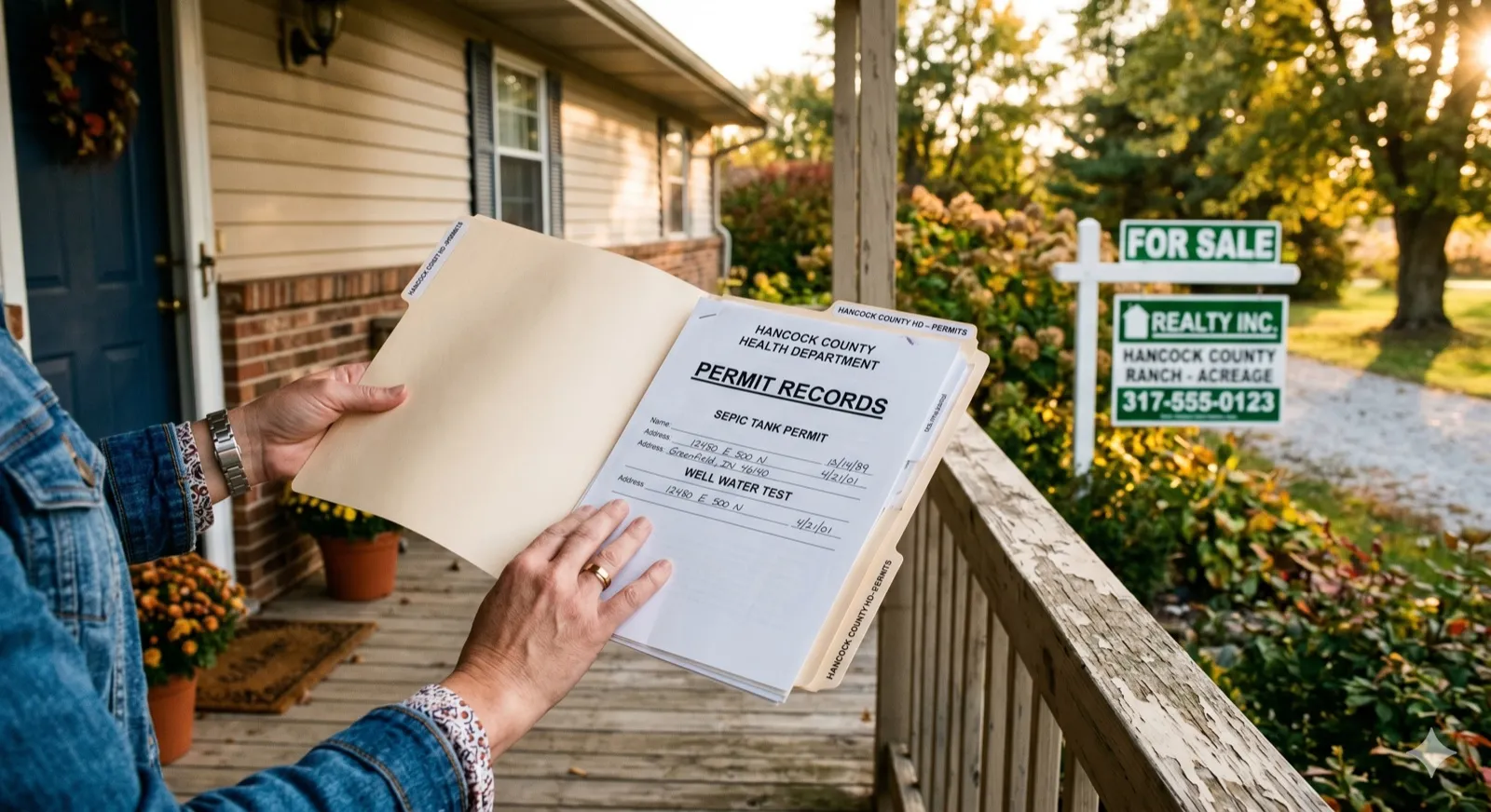 A prospective homebuyer standing on a front porch reviewing official Hancock County Health Department septic tank permit records inside a manila folder, with a Realty Inc. FOR SALE sign visible in the front yard, autumn flowers in pots — step 1 of the buyer's checklist visualized