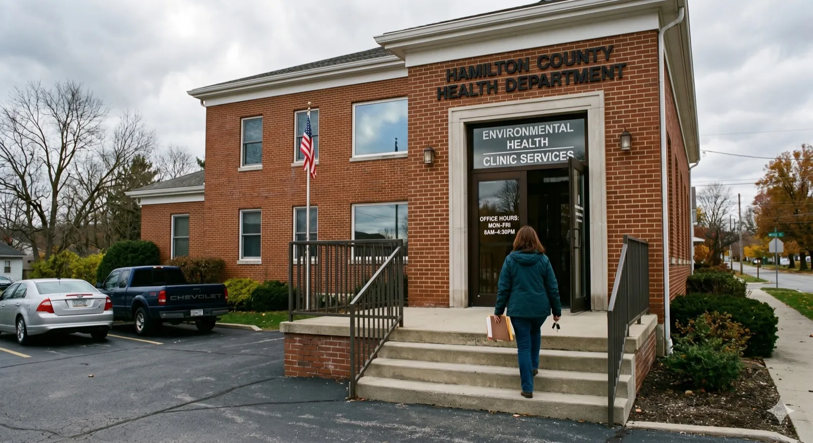 A homeowner carrying paperwork walking up the steps to enter a brick Indiana county Environmental Health office building, fall trees and parking lot visible — Lever 3 in motion, walking the variance request in person rather than queuing through standard review