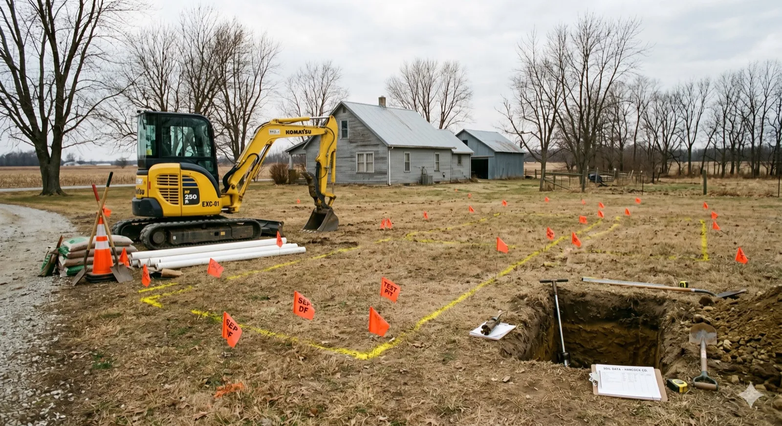 A residential septic installation project mid-process on a rural Indiana property — yellow excavator on site, orange survey flags laid out across the dirt marking the drain field design, a fresh open pit, PVC pipes staged for install, with the farmhouse in the background