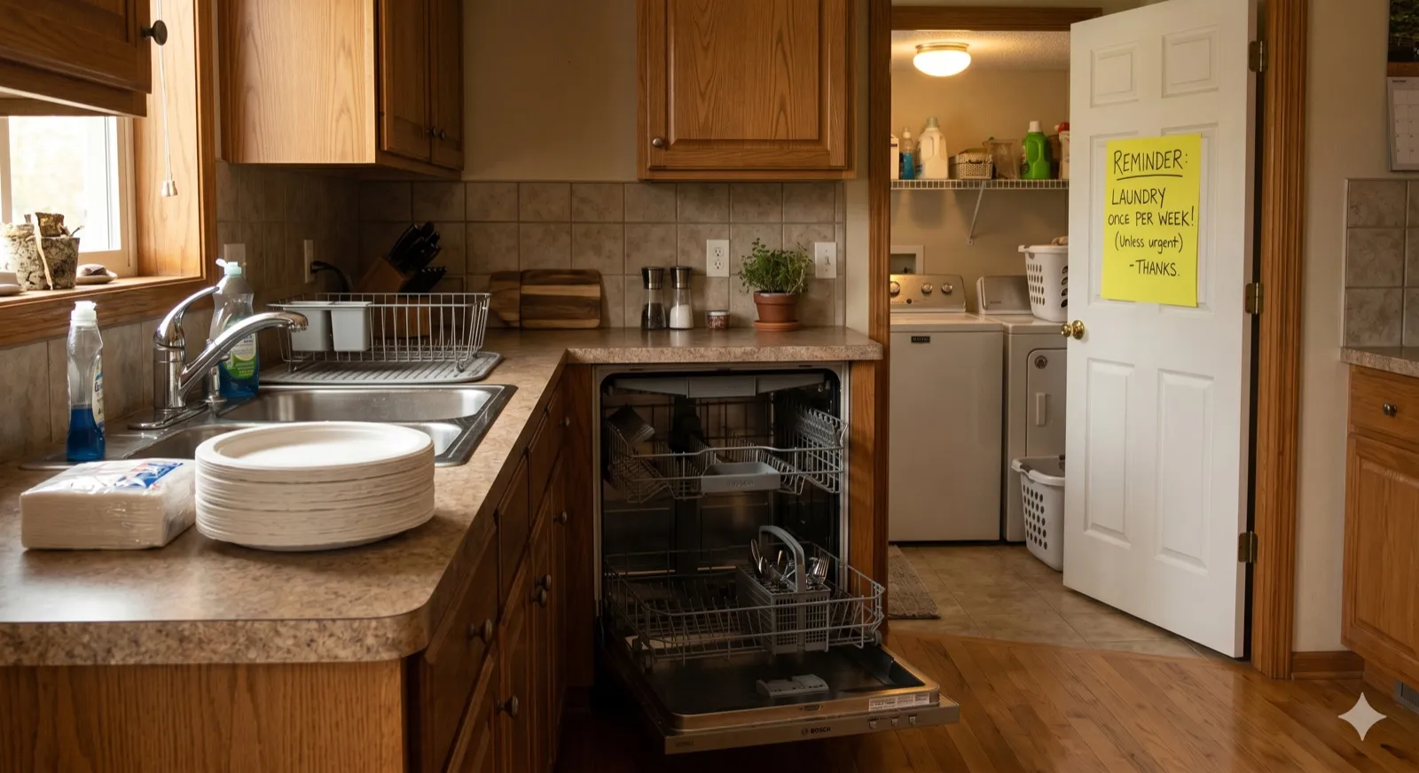 A residential kitchen with the dishwasher partially open, dishes stacked beside the sink, and a yellow sticky-note posted on the open laundry-room door reading 'REMINDER — LAUNDRY ONCE PER WEEK — please support — THANKS' — Lever 1 (reduce household wastewater volume) literally implemented at the household level