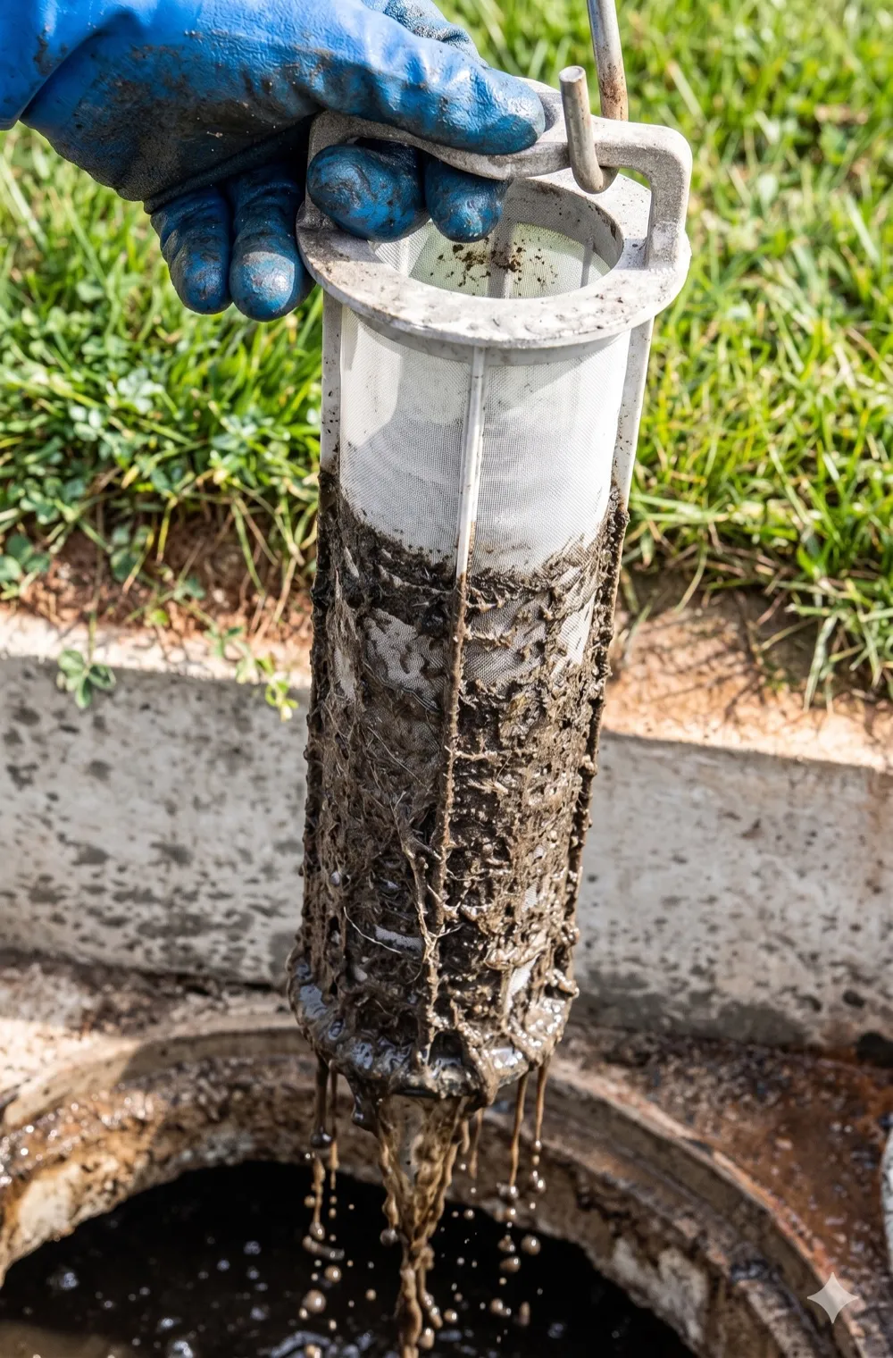 A blue-gloved hand pulling a heavily-clogged effluent filter cartridge out of a septic tank lid, with thick sludge and hairlike debris dripping from the filter back into the tank
