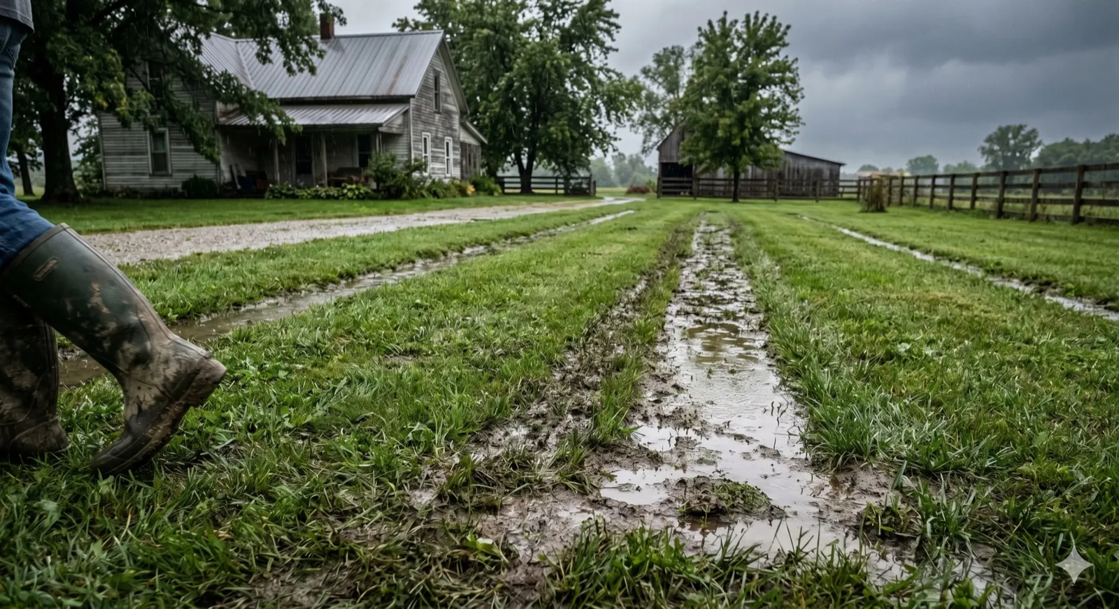 A flooded rural Hancock County property after heavy rain, with the drainfield laterals visible as parallel water-filled stripes running across the lawn next to a country road, storm-grey sky overhead