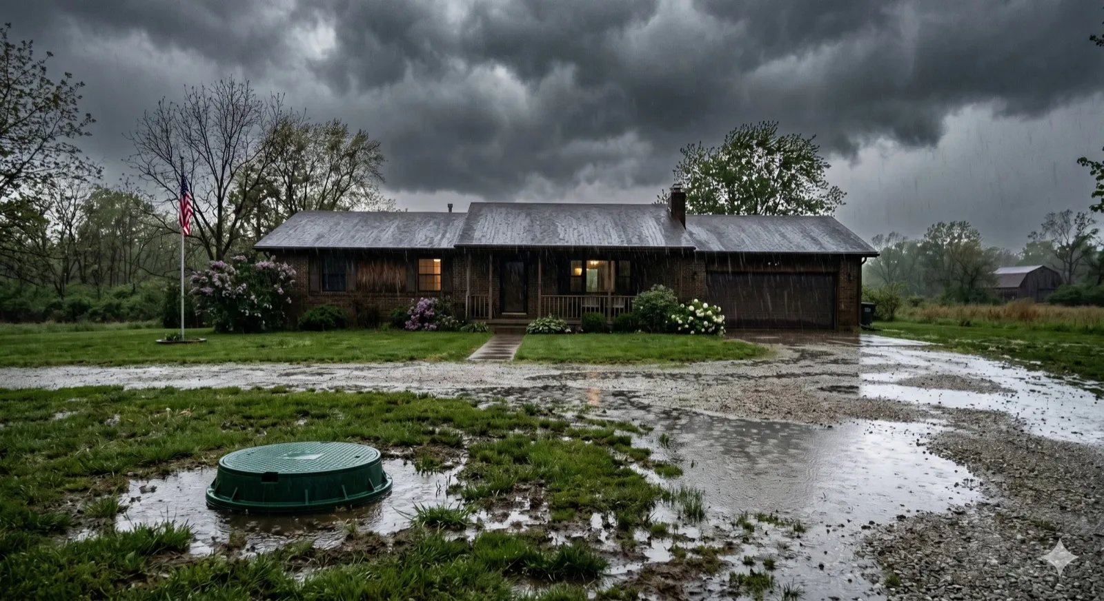 A rural Hancock County ranch home under heavy storm clouds with a flooded front yard and the septic riser lid sitting in standing water — the exact scenario the rain-correlated backup pattern produces