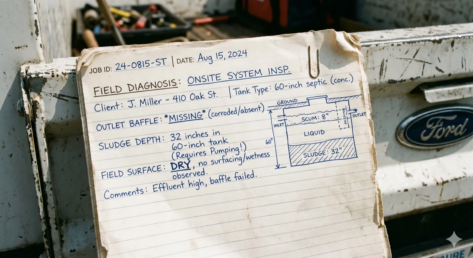A handwritten field-diagnosis note on a truck tailgate: job ID and date, named component failure (OUTLET BAFFLE: MISSING), sludge depth measurement (32 inches in a 60-inch tank), field surface observation, and a small hand-drawn cross-section showing the tank's scum/liquid/sludge layers