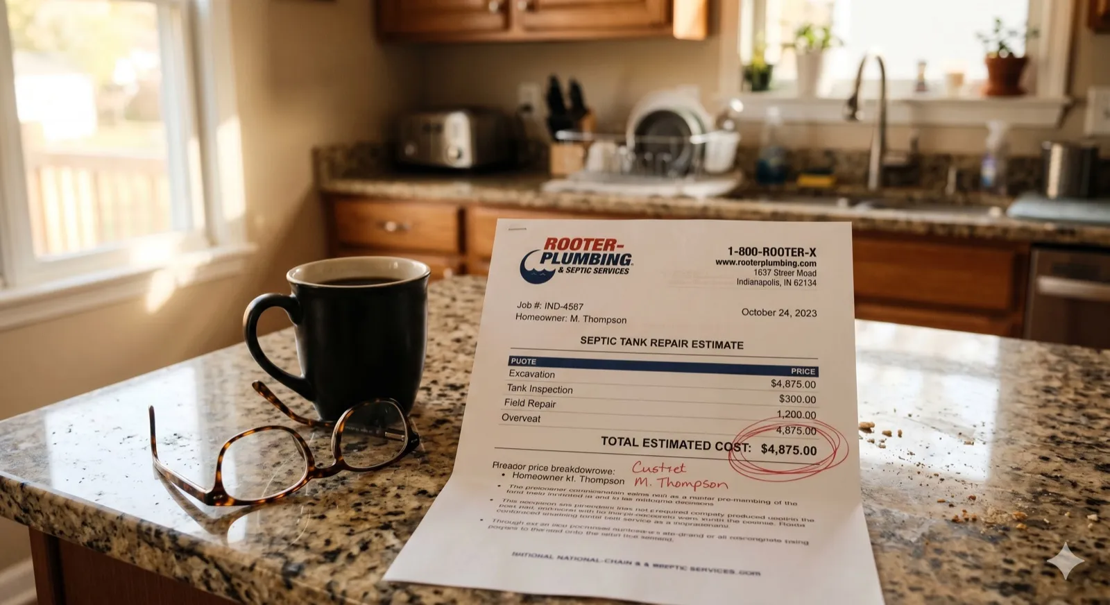A national-chain septic repair estimate on a kitchen counter totaling $4,875, with the total circled in pen, sitting next to a coffee mug and reading glasses — the visual signature of the upsell pattern this guide diagnoses