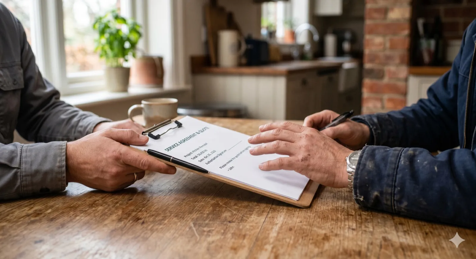 Two pairs of hands across a kitchen table: one holding out a clipboard with a service agreement, the other being offered a pen — the same-day pressure moment the article warns against signing into