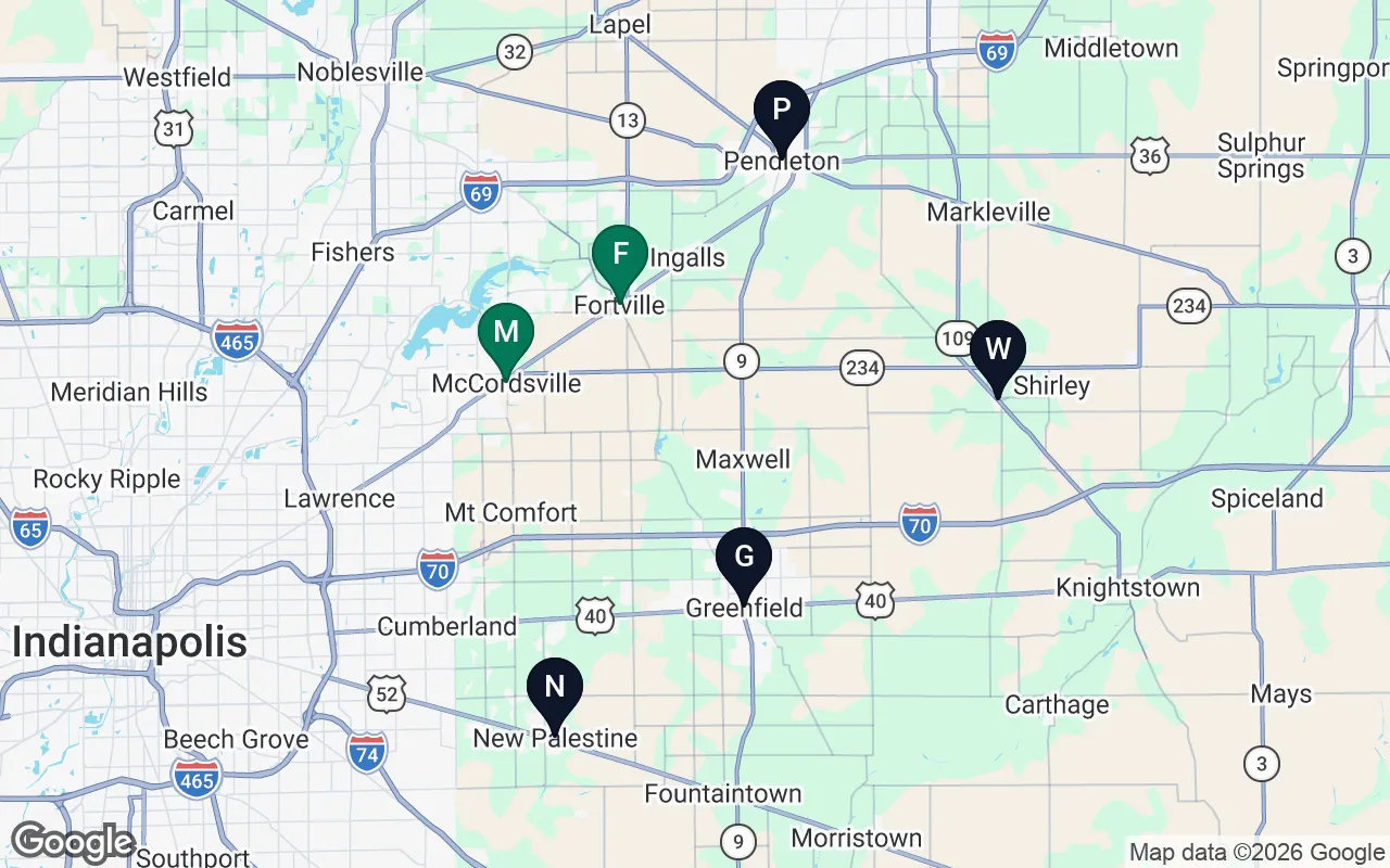 Map of the Fortville Septic service area in eastern Hancock County, Indiana — Fortville and McCordsville marked in green, plus Greenfield, Pendleton, New Palestine, and Wilkinson