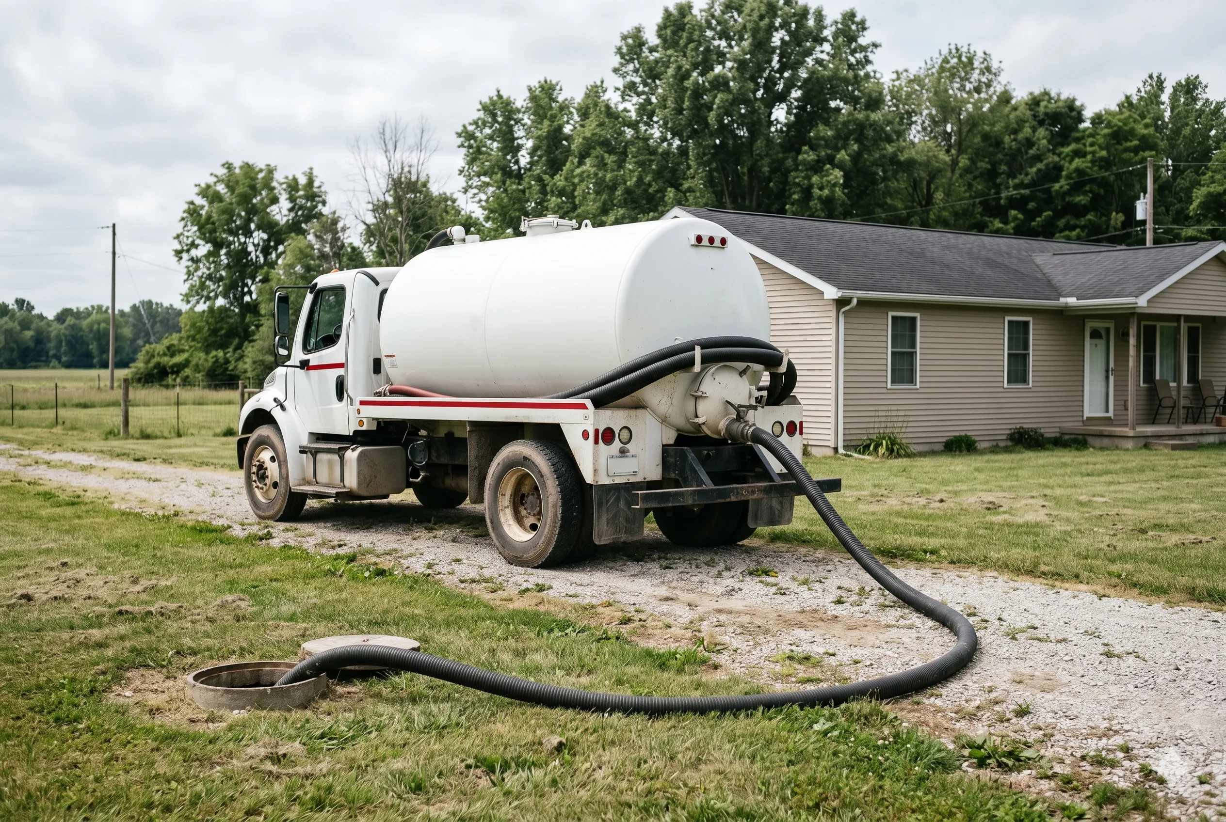 A plain white septic pumping truck parked on a gravel driveway beside a ranch home, hose extended to an open riser