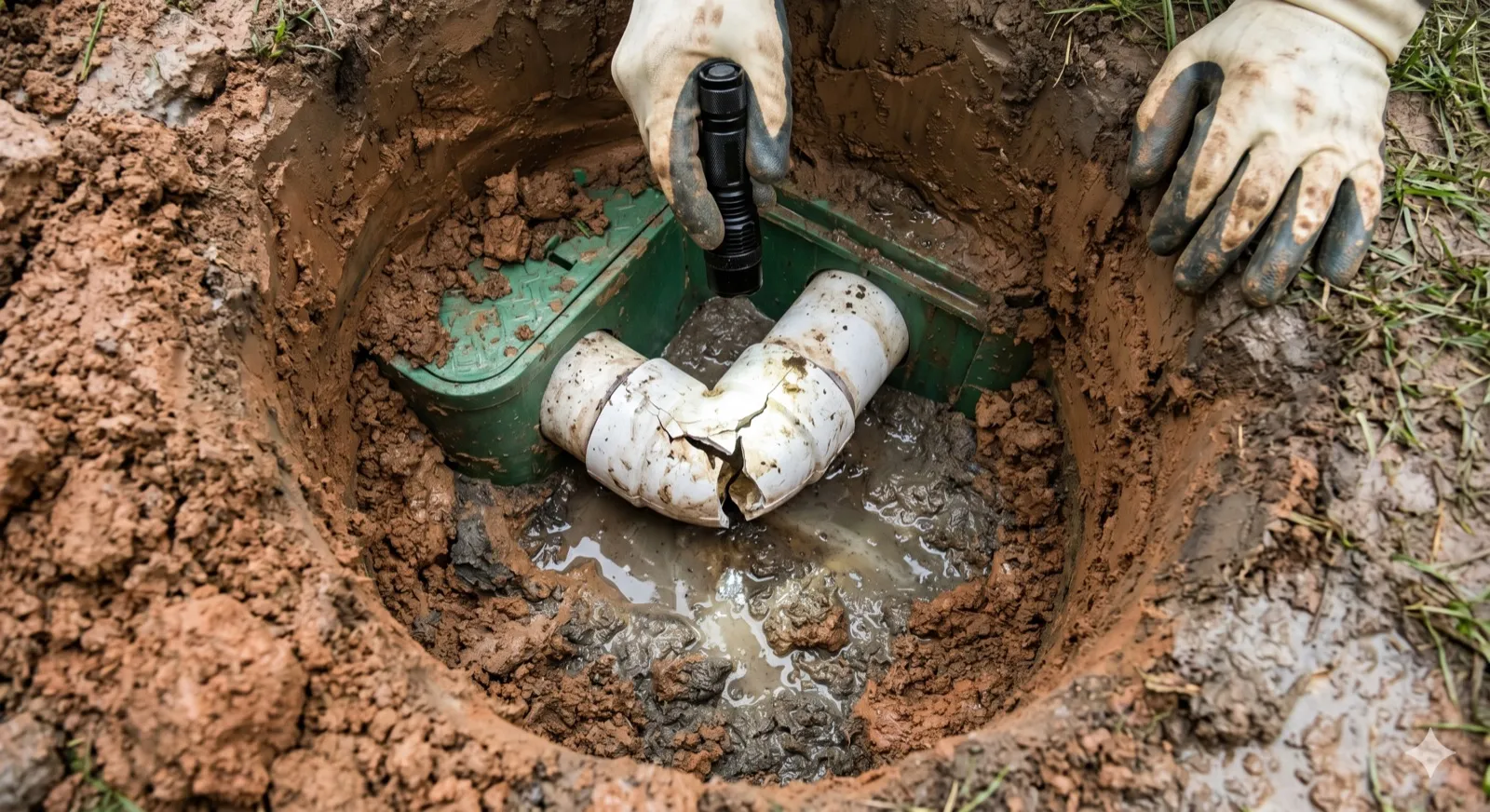 Close-up of gloved hands inspecting a cracked white PVC inlet elbow inside an excavated septic tank pit, with a flashlight aimed at the failed joint and clay walls around