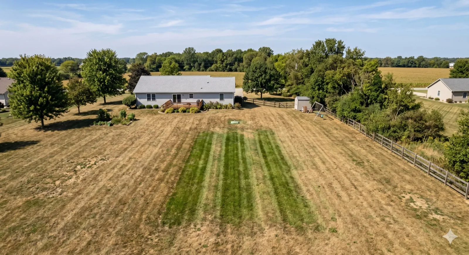 Aerial view of a rural Hancock County home with the septic drainfield laterals visible as bright-green parallel stripes running across the back lawn — the layout this triage walk maps step-by-step