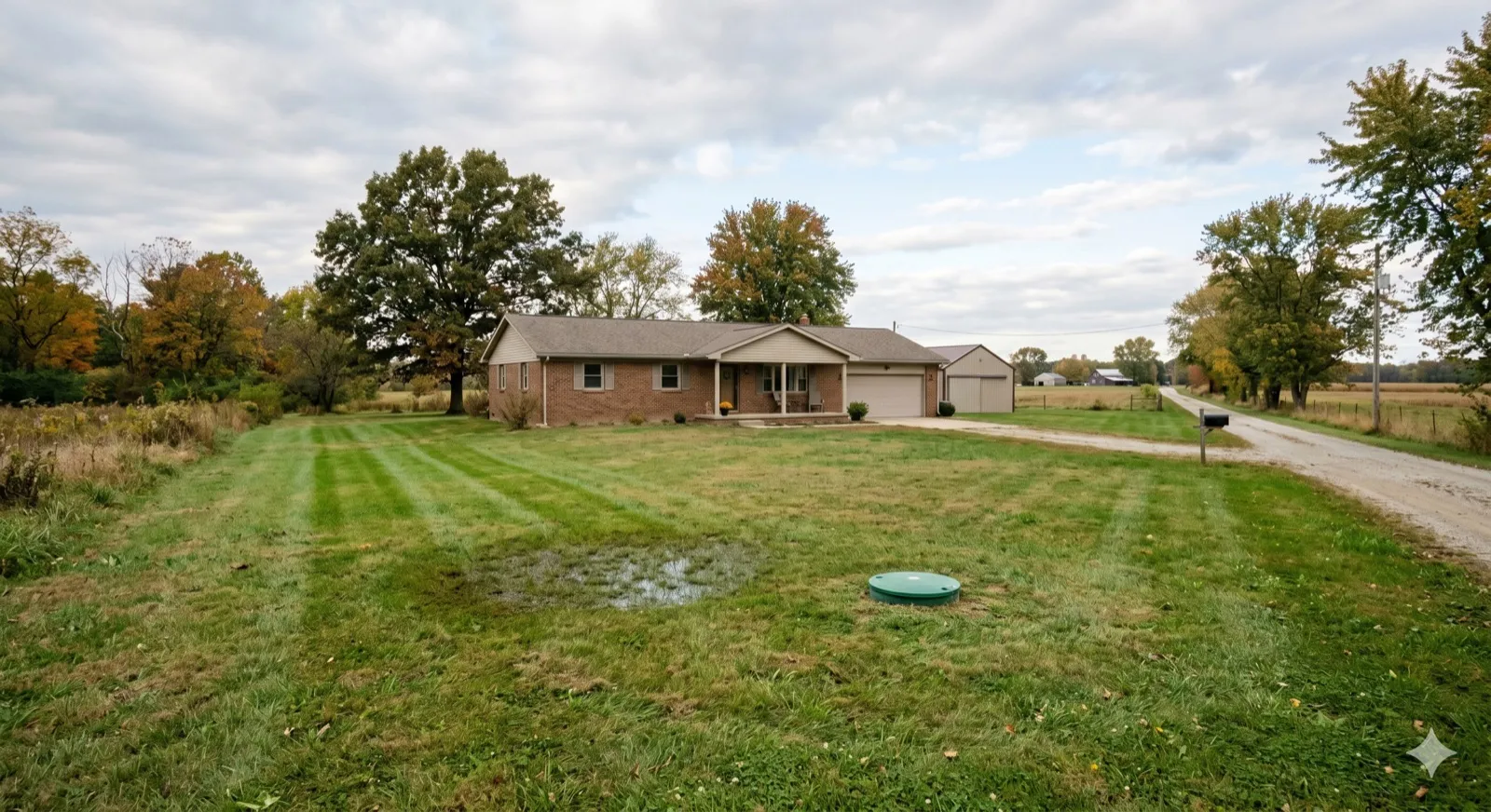 A rural Hancock County ranch home with a small wet patch in the front lawn next to a green septic riser lid — the classic visible signature of a septic system asking for attention
